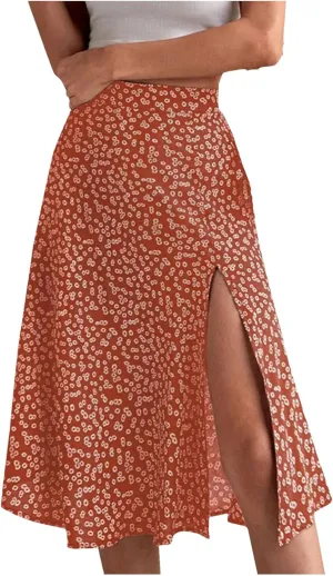Women's Split Floral Midi Skirt Summer Casual Hip Wrap A-Line Skirt