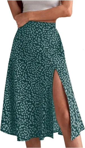 Women's Split Floral Midi Skirt Summer Casual Hip Wrap A-Line Skirt