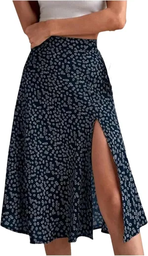 Women's Split Floral Midi Skirt Summer Casual Hip Wrap A-Line Skirt