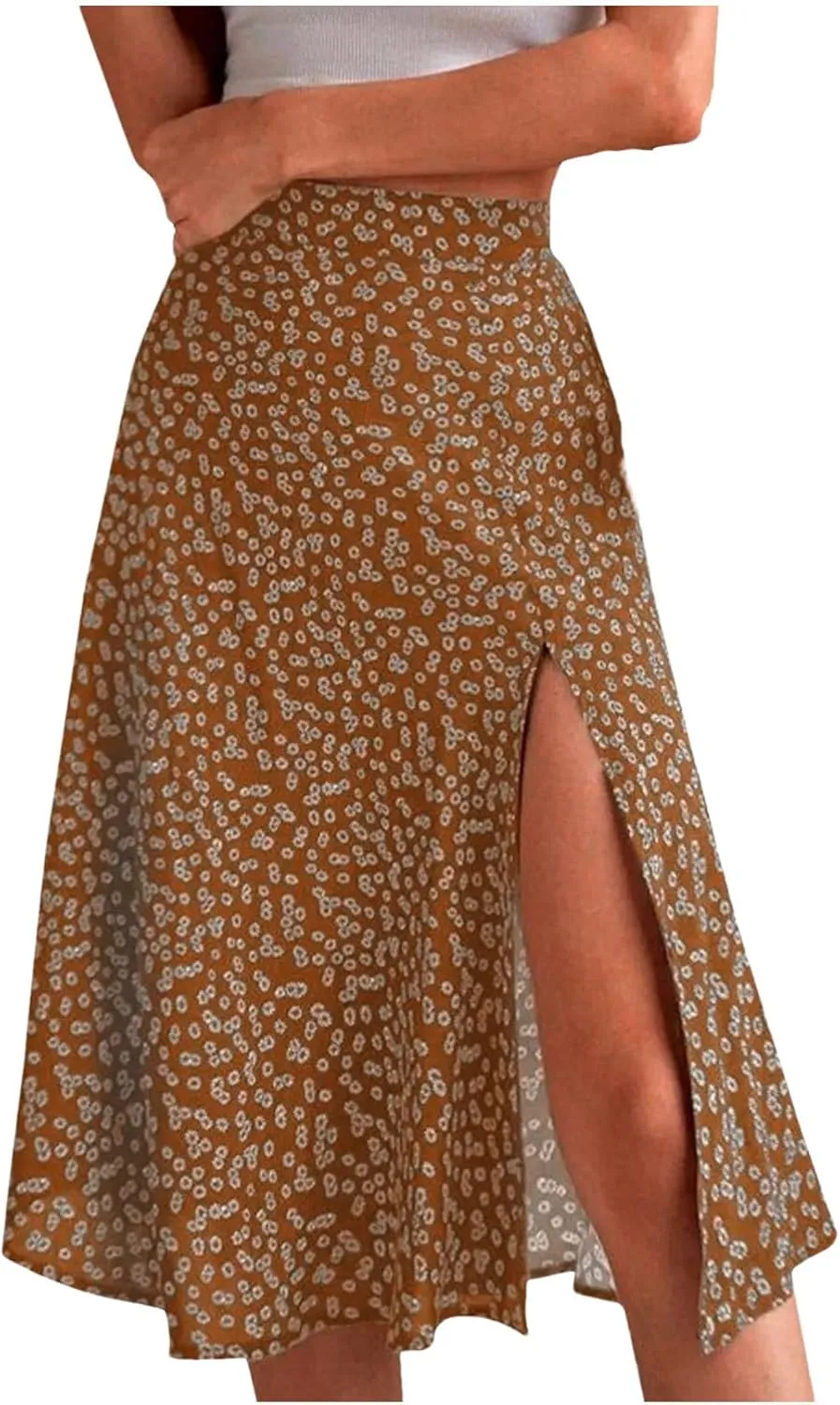 Women's Split Floral Midi Skirt Summer Casual Hip Wrap A-Line Skirt