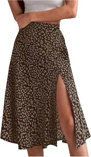 Women's Split Floral Midi Skirt Summer Casual Hip Wrap A-Line Skirt