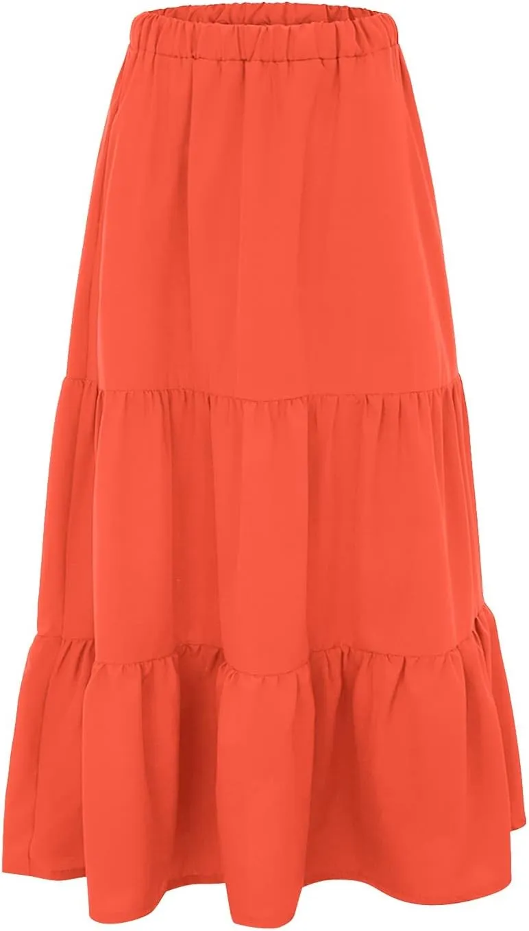 Women's Summer Boho Elastic High Waist Maxi Skirt A-Line Flowy Swing Ruffle Tiered Beach Skirts 2024 Trendy