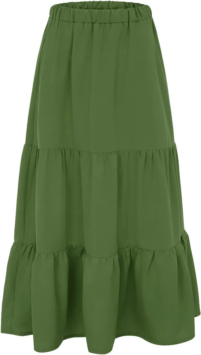 Women's Summer Boho Elastic High Waist Maxi Skirt A-Line Flowy Swing Ruffle Tiered Beach Skirts 2024 Trendy