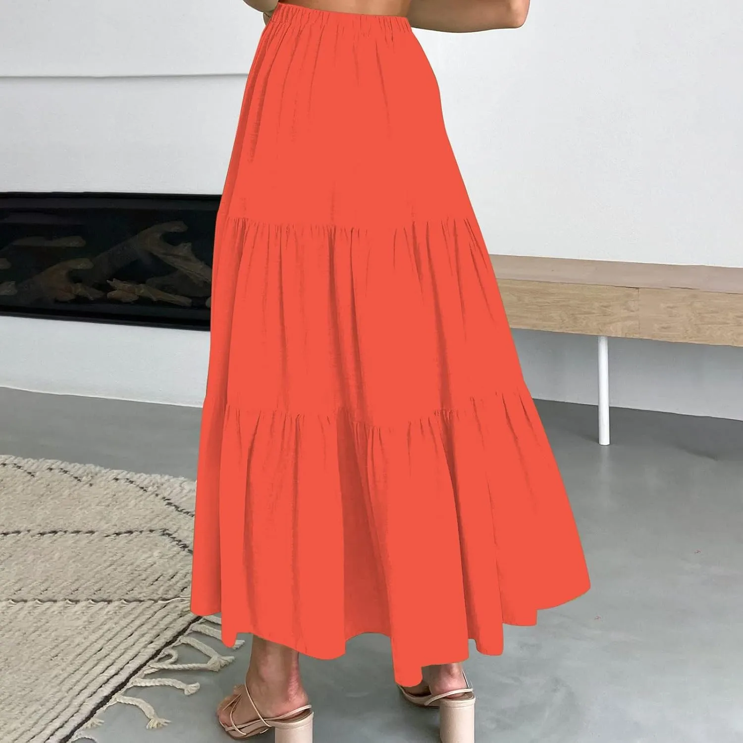 Women's Summer Boho Elastic High Waist Maxi Skirt A-Line Flowy Swing Ruffle Tiered Beach Skirts 2024 Trendy