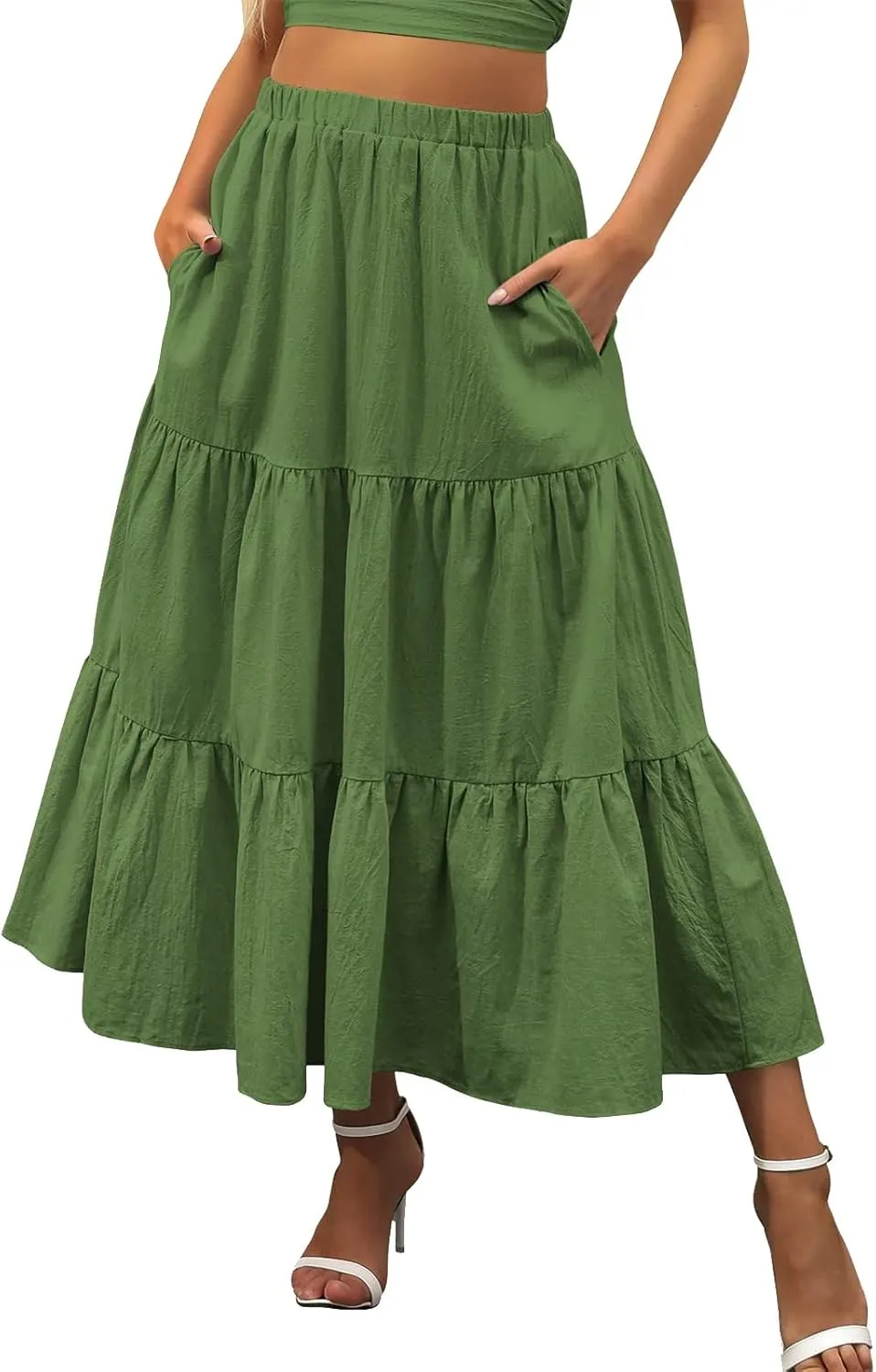 Women's Summer Boho Elastic High Waist Maxi Skirt A-Line Flowy Swing Ruffle Tiered Beach Skirts 2024 Trendy