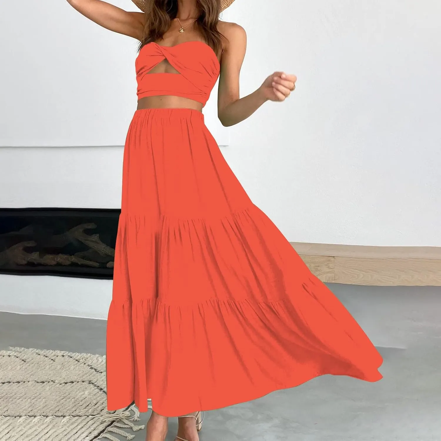 Women's Summer Boho Elastic High Waist Maxi Skirt A-Line Flowy Swing Ruffle Tiered Beach Skirts 2024 Trendy