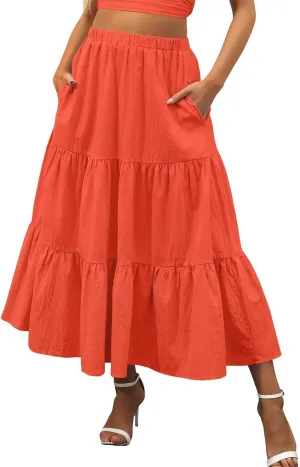 Women's Summer Boho Elastic High Waist Maxi Skirt A-Line Flowy Swing Ruffle Tiered Beach Skirts 2024 Trendy