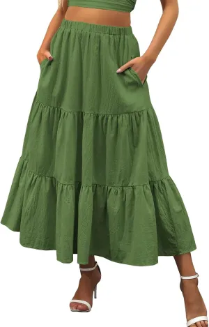 Women's Summer Boho Elastic High Waist Maxi Skirt A-Line Flowy Swing Ruffle Tiered Beach Skirts 2024 Trendy