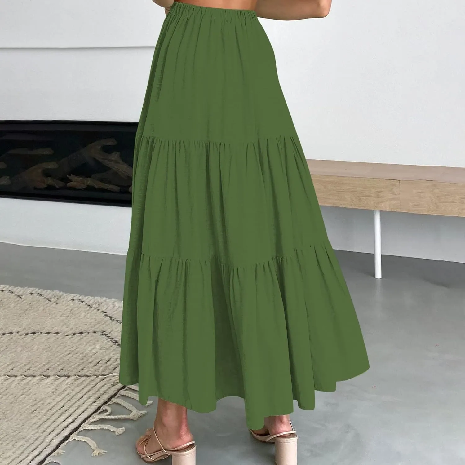 Women's Summer Boho Elastic High Waist Maxi Skirt A-Line Flowy Swing Ruffle Tiered Beach Skirts 2024 Trendy