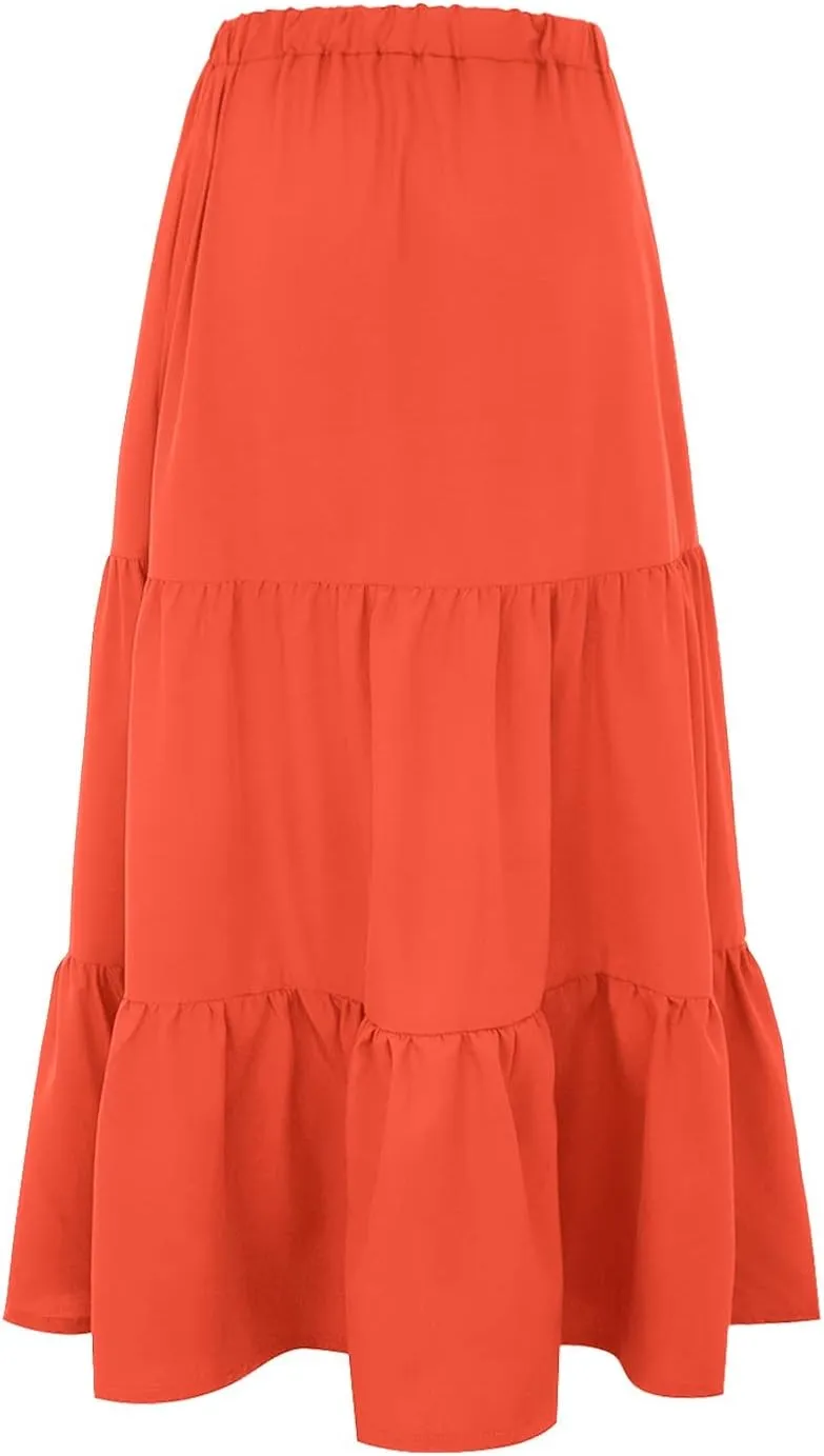 Women's Summer Boho Elastic High Waist Maxi Skirt A-Line Flowy Swing Ruffle Tiered Beach Skirts 2024 Trendy