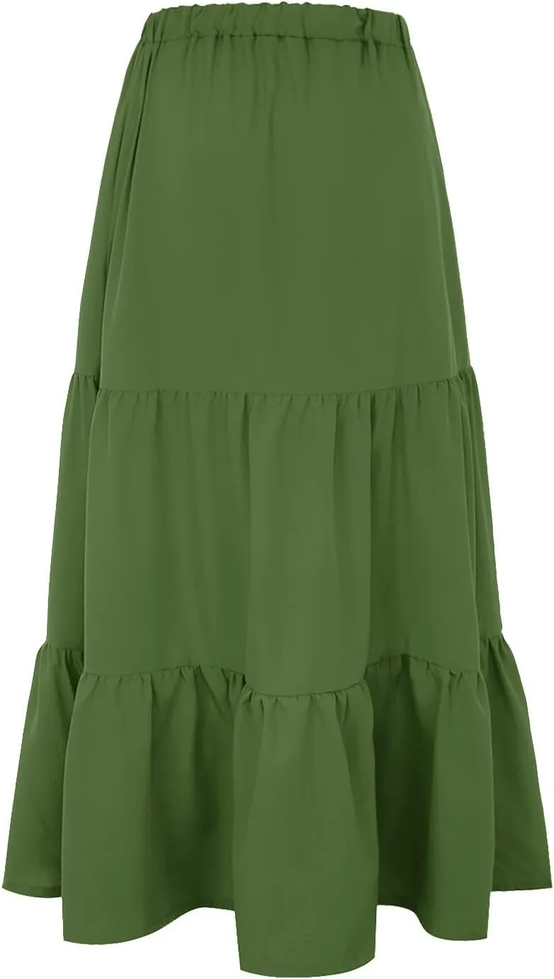 Women's Summer Boho Elastic High Waist Maxi Skirt A-Line Flowy Swing Ruffle Tiered Beach Skirts 2024 Trendy