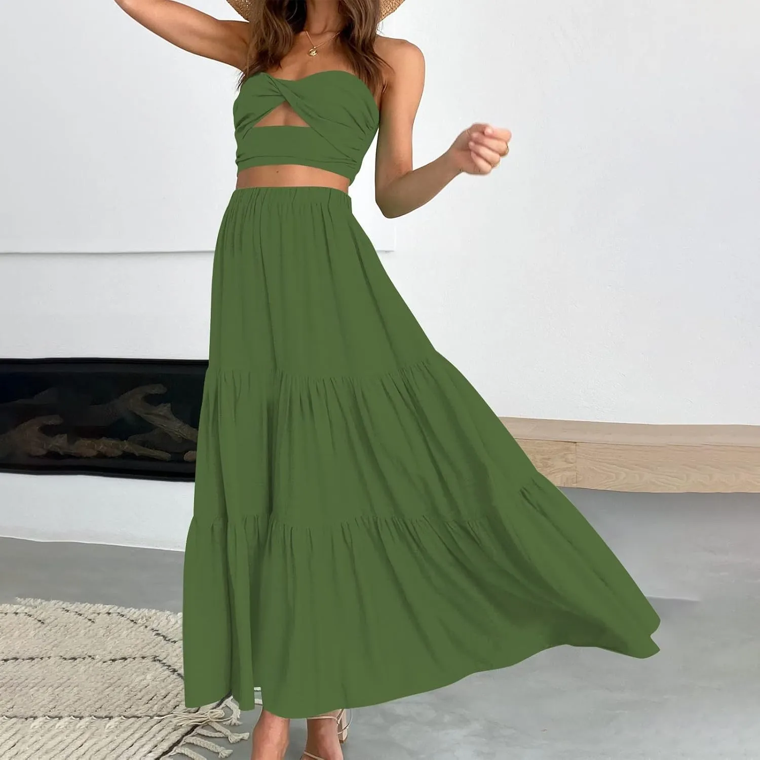 Women's Summer Boho Elastic High Waist Maxi Skirt A-Line Flowy Swing Ruffle Tiered Beach Skirts 2024 Trendy