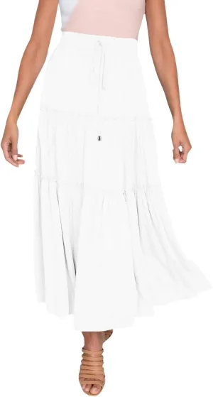 Womens Summer Boho Maxi Skirt A-Line Flowy Ruffle Trendy Drawstring Elastic High Waist Pleated Beach Long Skirts