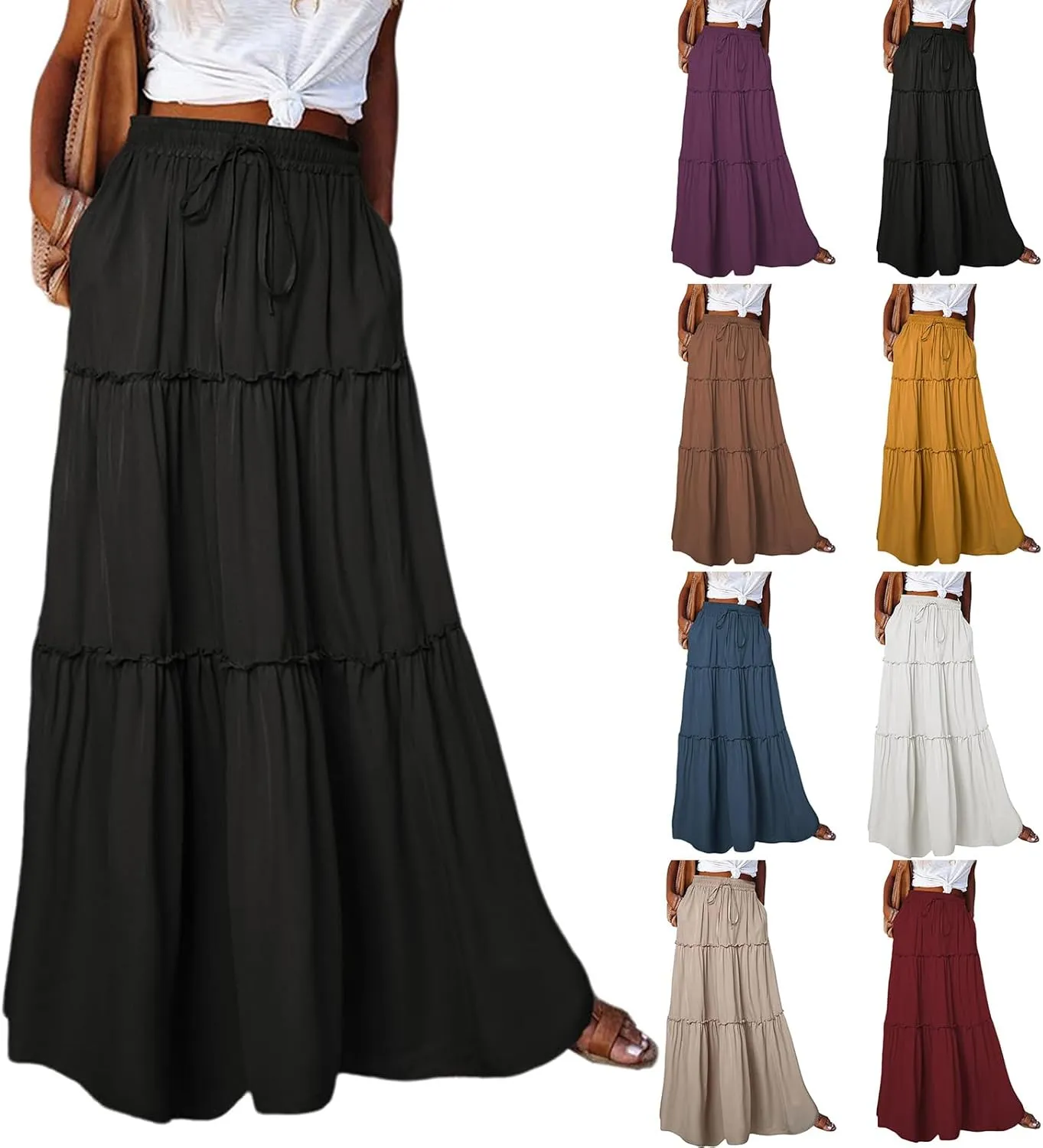 Womens Summer Boho Maxi Skirt A-Line Flowy Ruffle Trendy Drawstring Elastic High Waist Pleated Beach Long Skirts
