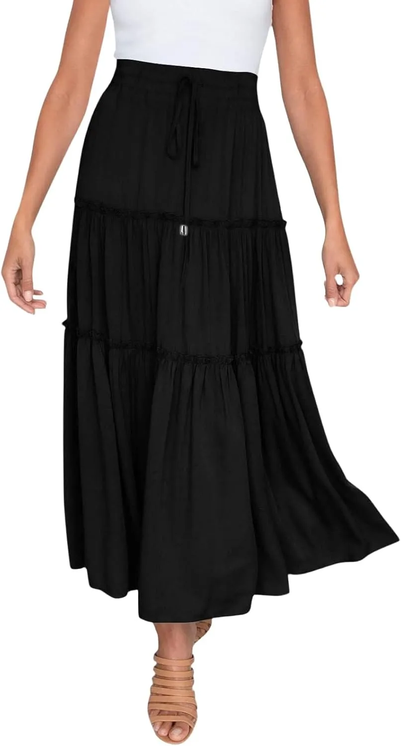 Womens Summer Boho Maxi Skirt A-Line Flowy Ruffle Trendy Drawstring Elastic High Waist Pleated Beach Long Skirts