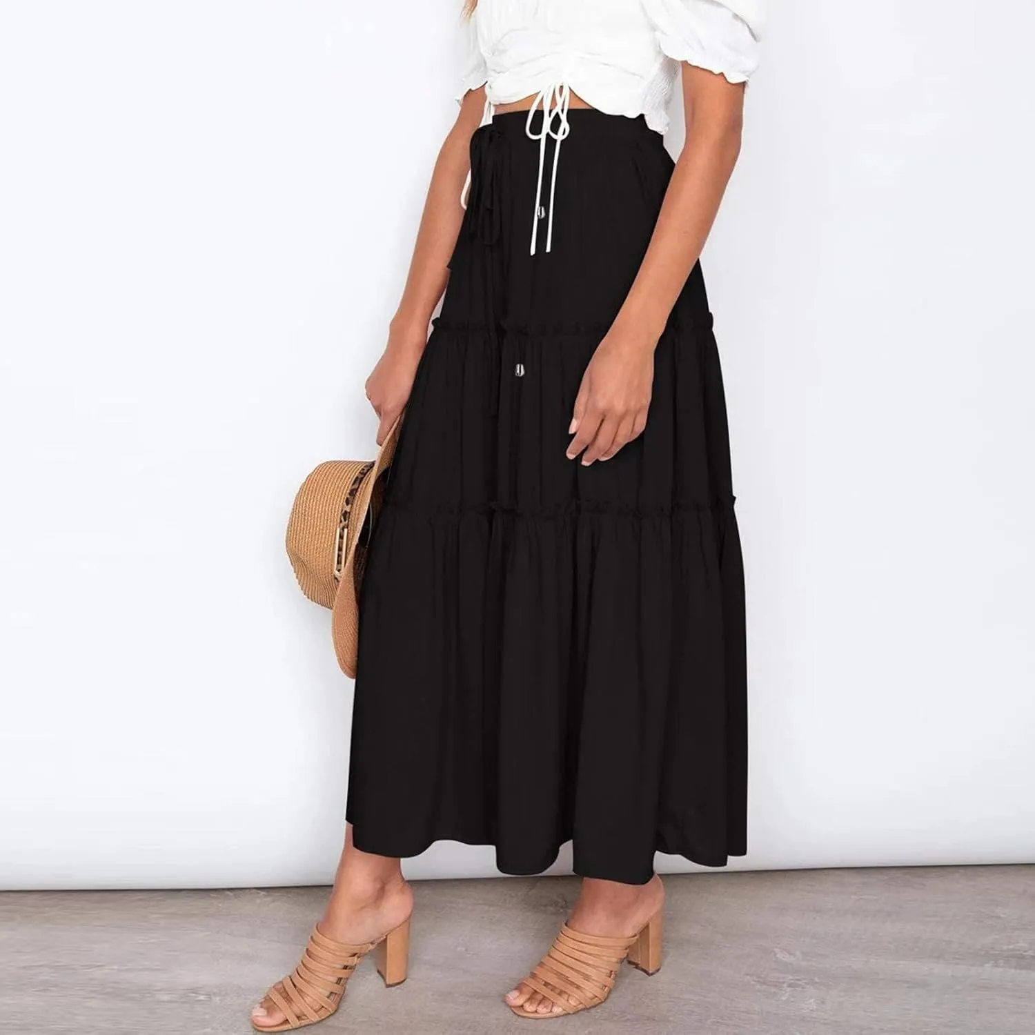 Womens Summer Boho Maxi Skirt A-Line Flowy Ruffle Trendy Drawstring Elastic High Waist Pleated Beach Long Skirts