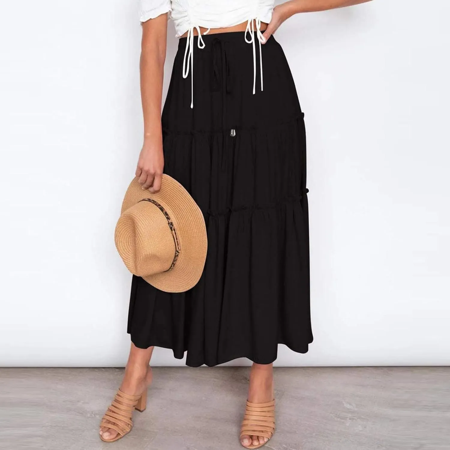 Womens Summer Boho Maxi Skirt A-Line Flowy Ruffle Trendy Drawstring Elastic High Waist Pleated Beach Long Skirts