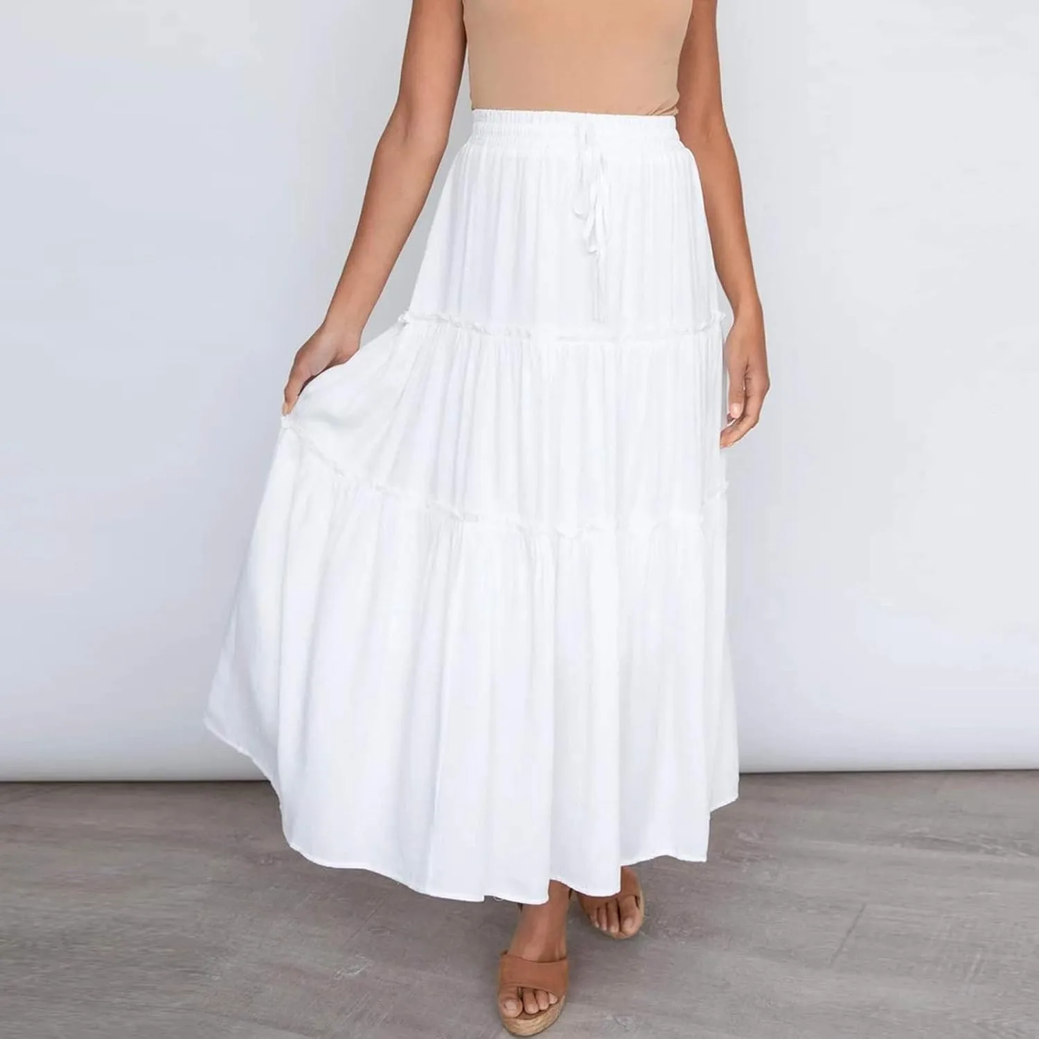 Womens Summer Boho Maxi Skirt A-Line Flowy Ruffle Trendy Drawstring Elastic High Waist Pleated Beach Long Skirts