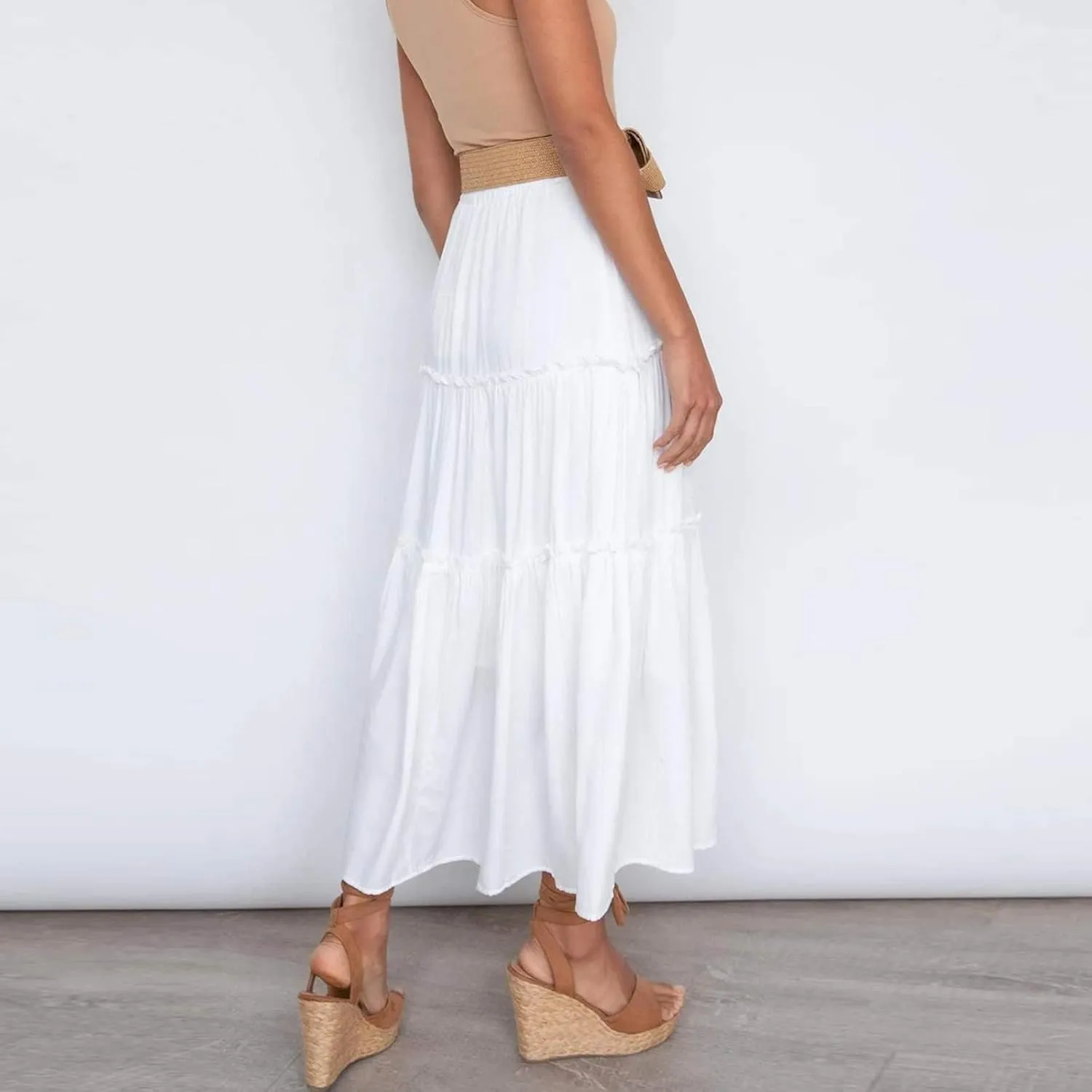 Womens Summer Boho Maxi Skirt A-Line Flowy Ruffle Trendy Drawstring Elastic High Waist Pleated Beach Long Skirts