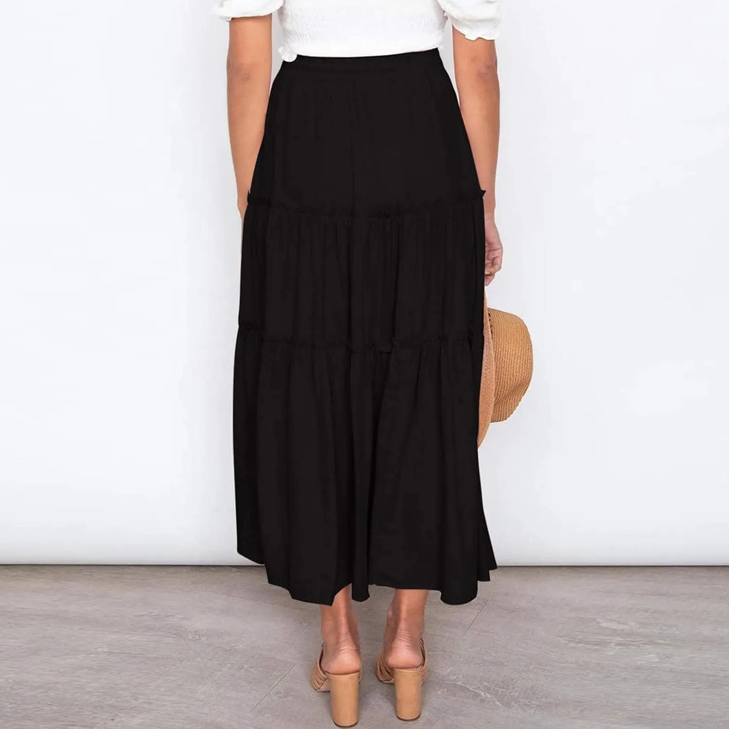 Womens Summer Boho Maxi Skirt A-Line Flowy Ruffle Trendy Drawstring Elastic High Waist Pleated Beach Long Skirts