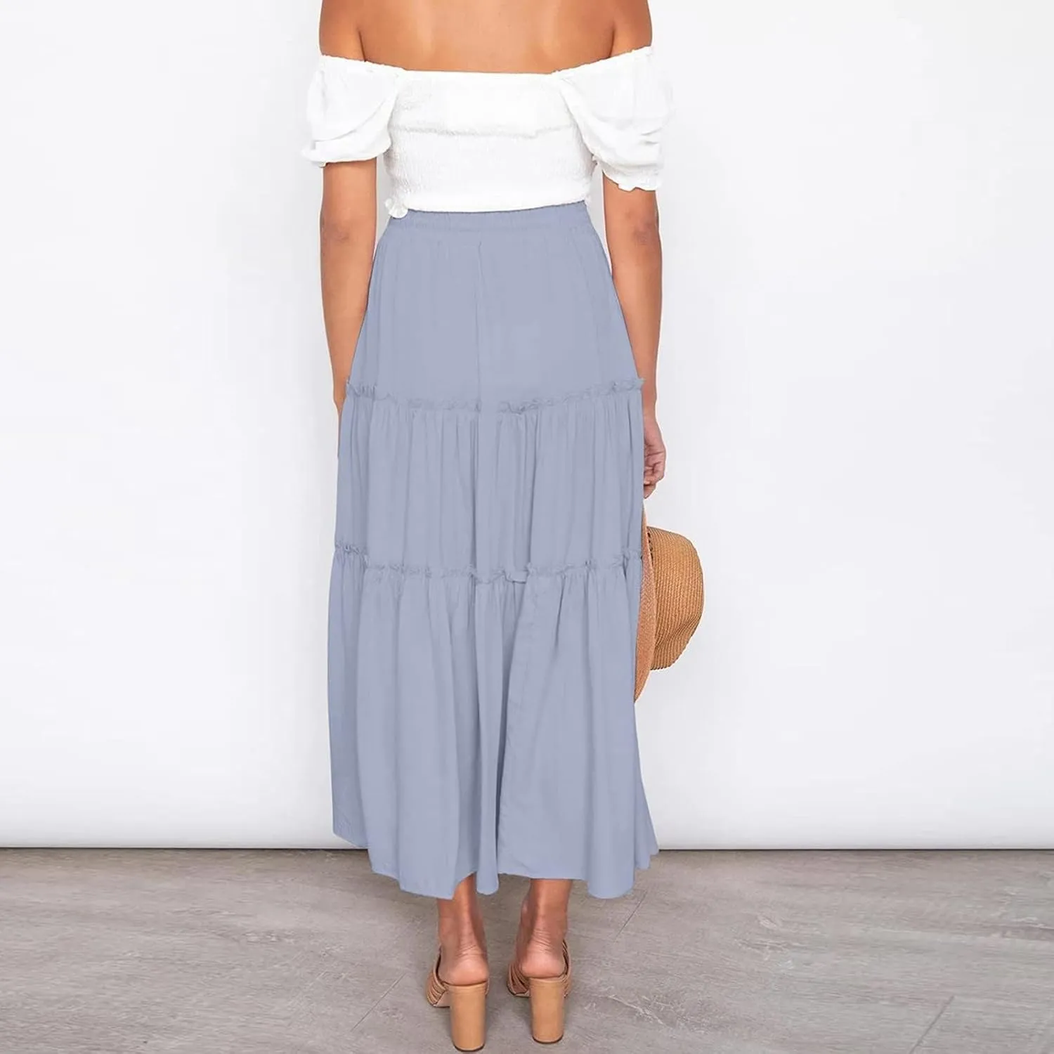 Womens Summer Boho Maxi Skirt A-Line Flowy Ruffle Trendy Drawstring Elastic High Waist Pleated Beach Long Skirts