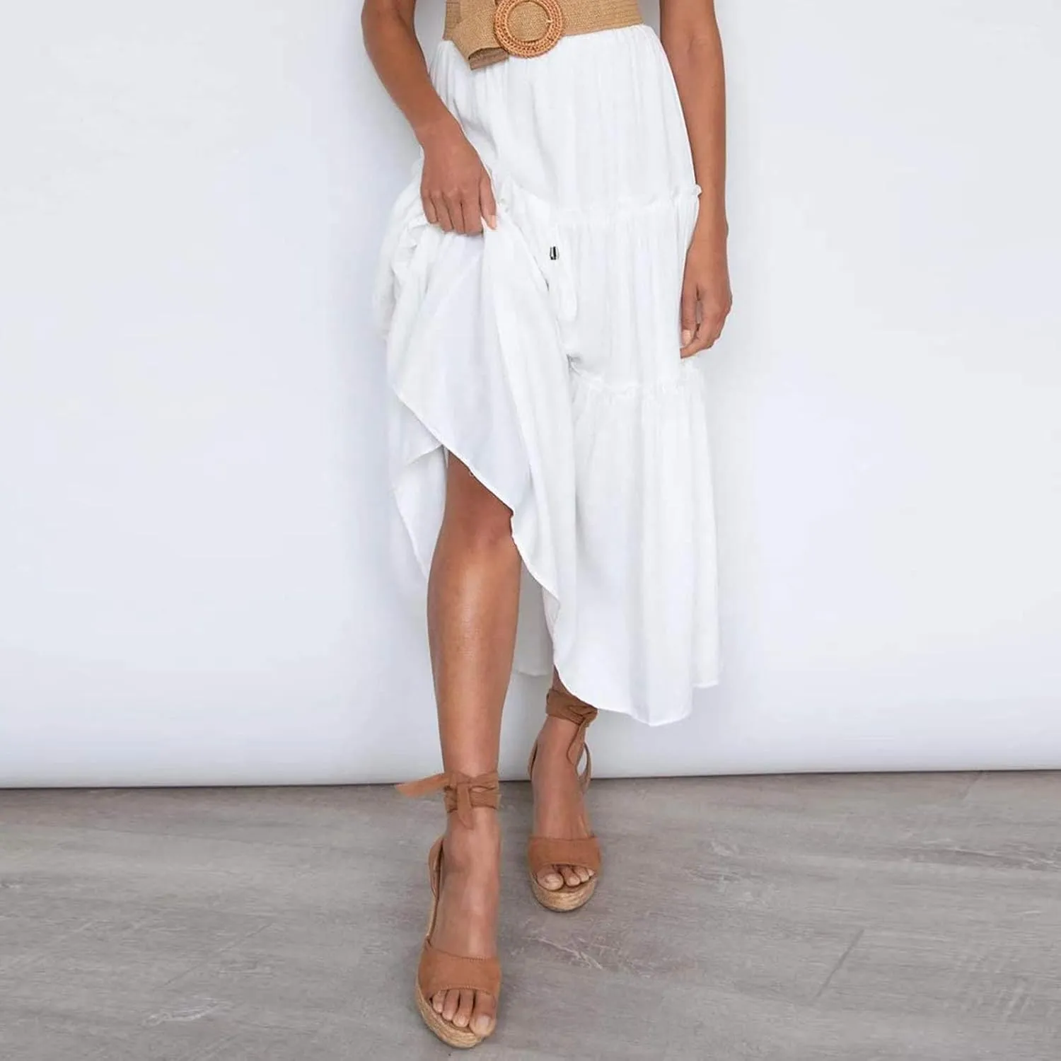 Womens Summer Boho Maxi Skirt A-Line Flowy Ruffle Trendy Drawstring Elastic High Waist Pleated Beach Long Skirts