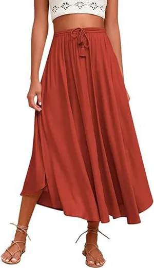 Womens Summer Boho Maxi Skirt Casual Comfy Elastic Waisted Skirts A-Line Flowy Ruffle Tiered Skirts