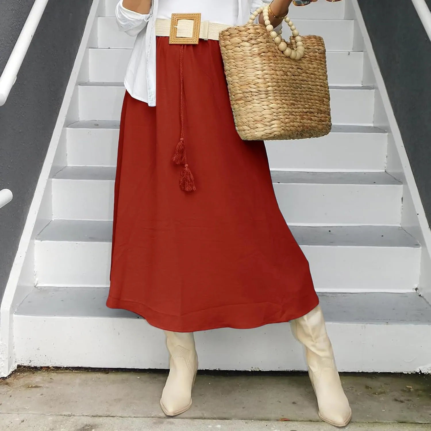 Womens Summer Boho Maxi Skirt Casual Comfy Elastic Waisted Skirts A-Line Flowy Ruffle Tiered Skirts