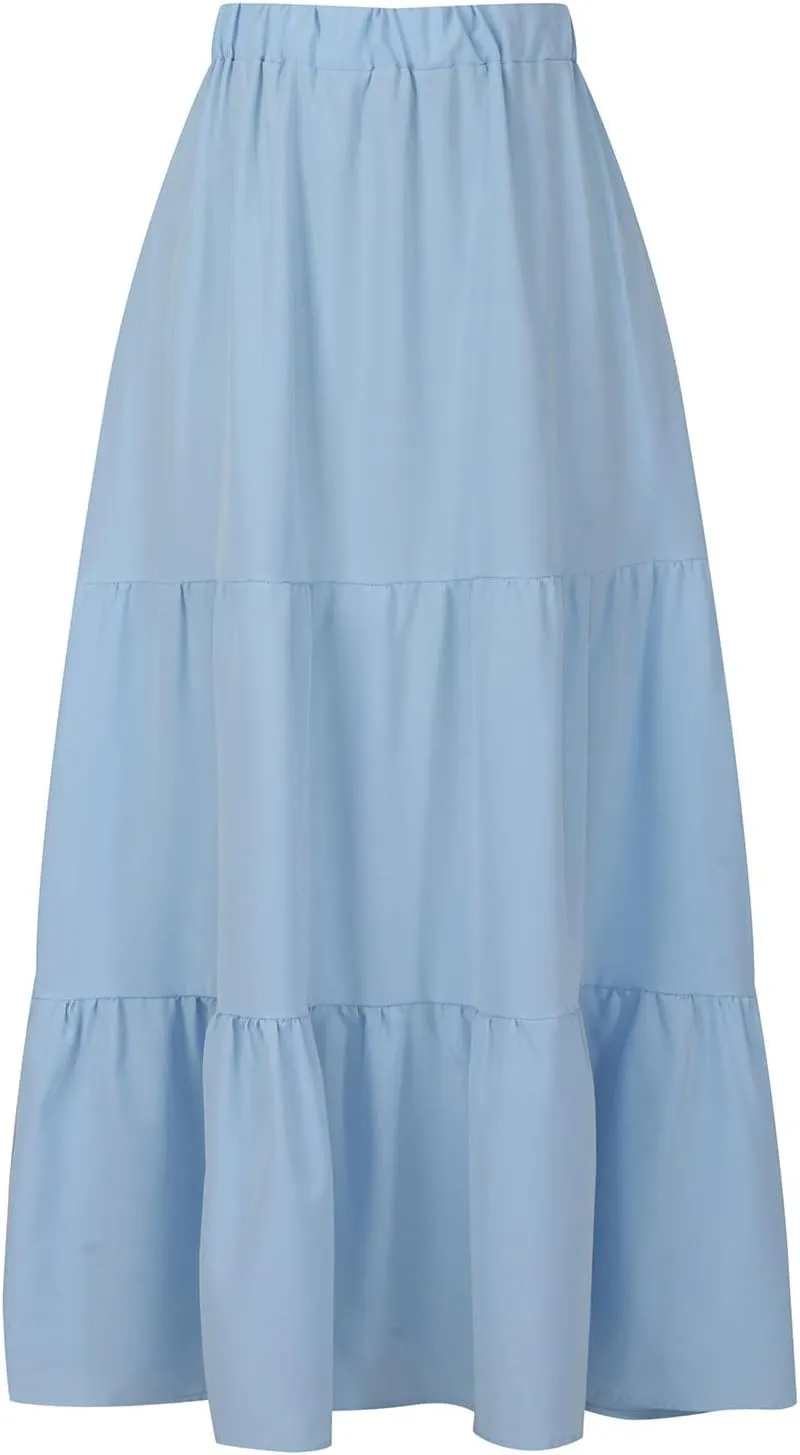 Womens Summer Boho Maxi Skirts Elastic Waist Pleated A Line Long Skirt Flowy Tiered Swing Beach Skirt with Pockets