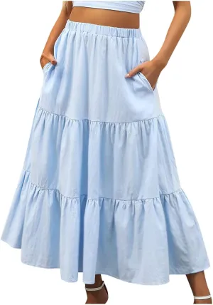 Womens Summer Boho Maxi Skirts Elastic Waist Pleated A Line Long Skirt Flowy Tiered Swing Beach Skirt with Pockets