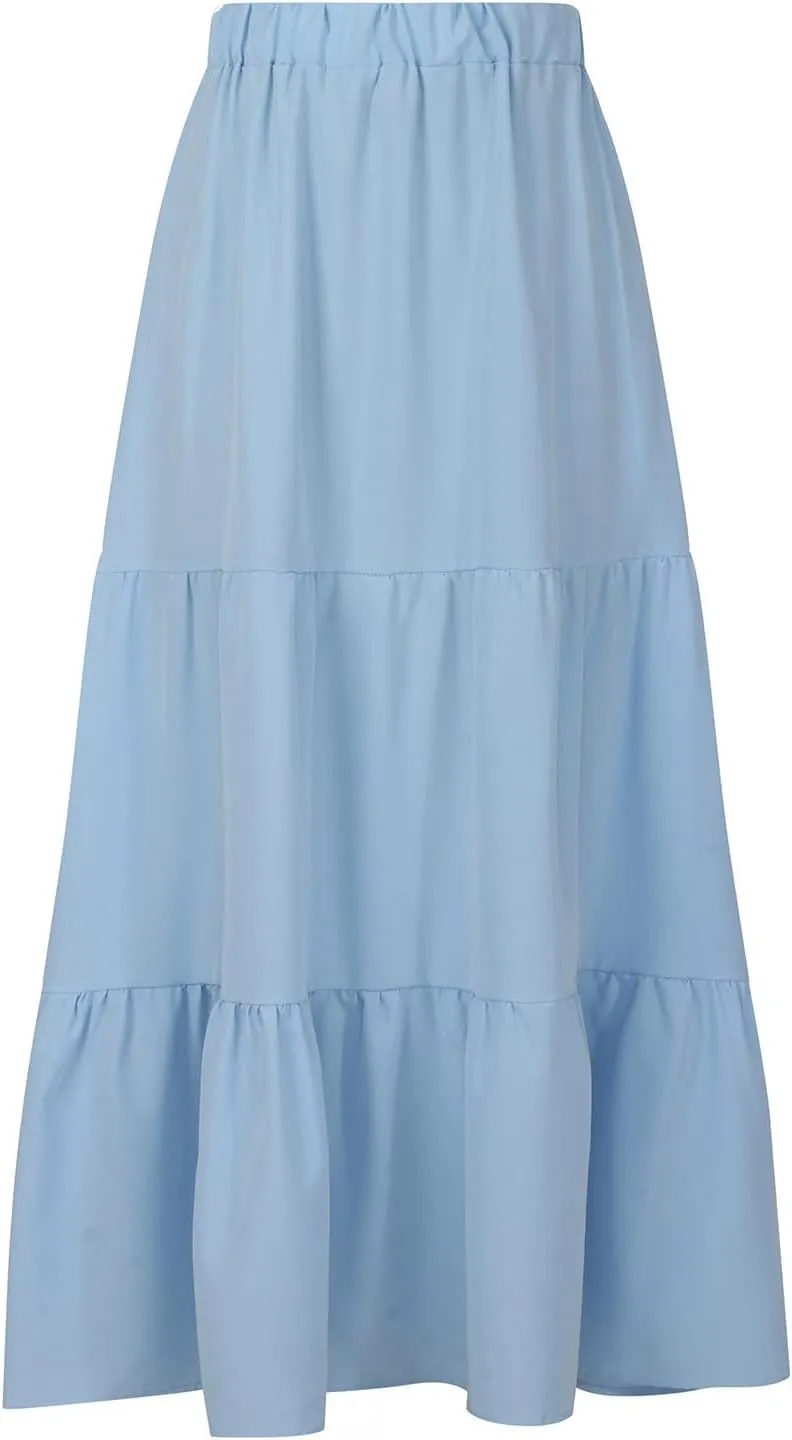 Womens Summer Boho Maxi Skirts Elastic Waist Pleated A Line Long Skirt Flowy Tiered Swing Beach Skirt with Pockets