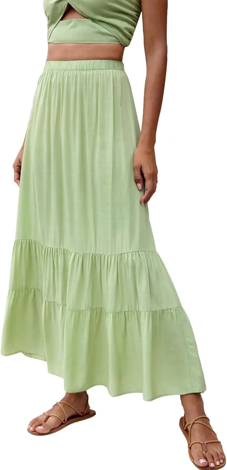 Womens Summer Boho Pleated A-Line Flowy Swing Tiered Beach Skirt 2024 Trendy Ruffle Maxi Skirt with Pockets
