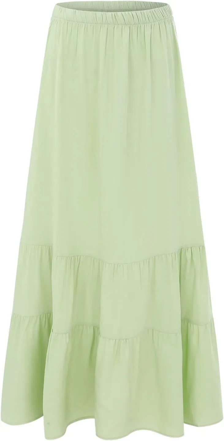 Womens Summer Boho Pleated A-Line Flowy Swing Tiered Beach Skirt 2024 Trendy Ruffle Maxi Skirt with Pockets