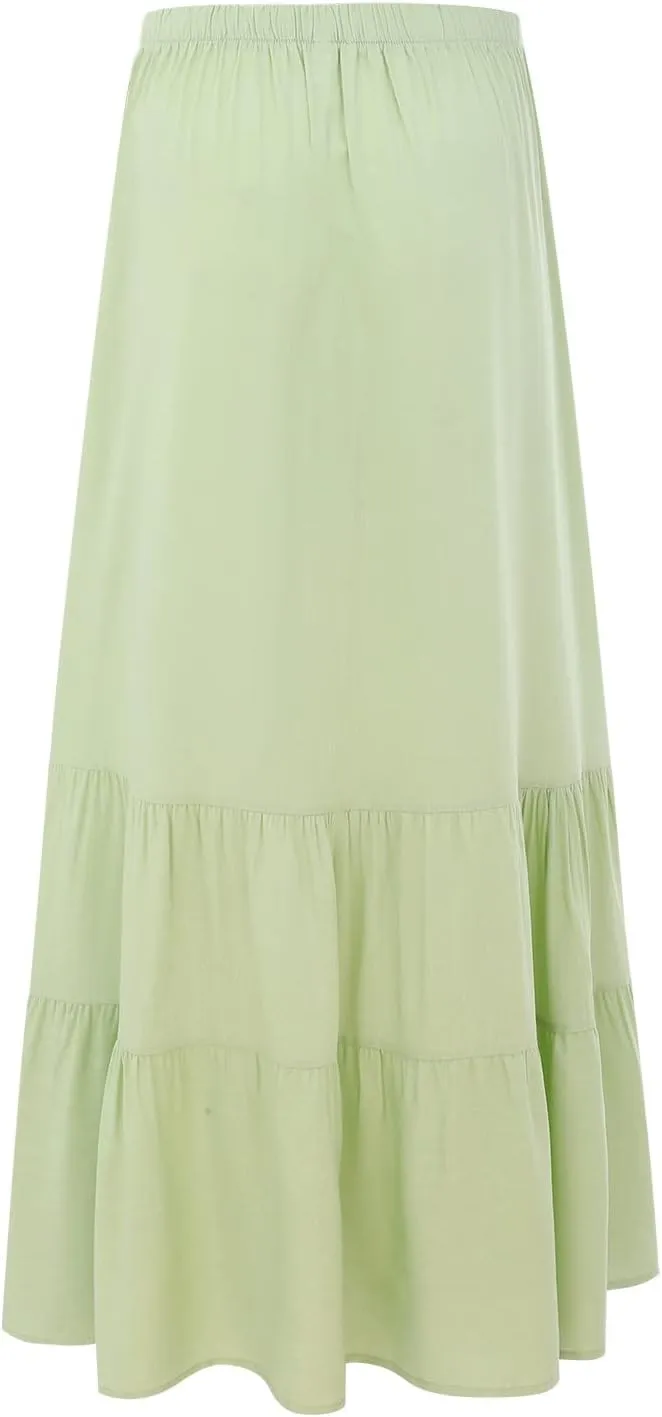 Womens Summer Boho Pleated A-Line Flowy Swing Tiered Beach Skirt 2024 Trendy Ruffle Maxi Skirt with Pockets