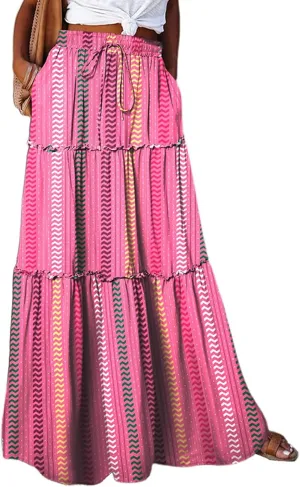 Women's Summer Casual Fashion Skirts Boho Print Elastic Waist Skirt Loose Comfortable High Waist Lace-Up Skirt