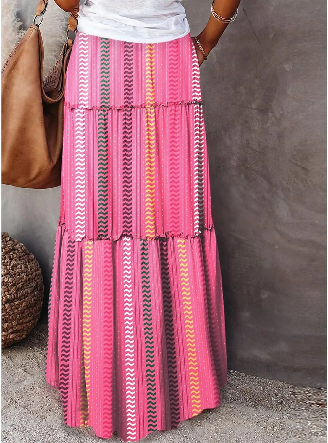 Women's Summer Casual Fashion Skirts Boho Print Elastic Waist Skirt Loose Comfortable High Waist Lace-Up Skirt