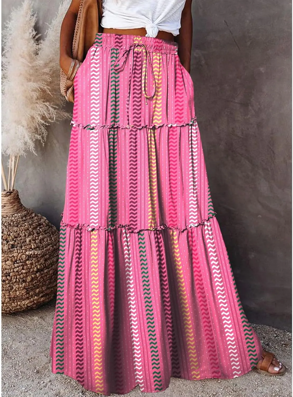 Women's Summer Casual Fashion Skirts Boho Print Elastic Waist Skirt Loose Comfortable High Waist Lace-Up Skirt