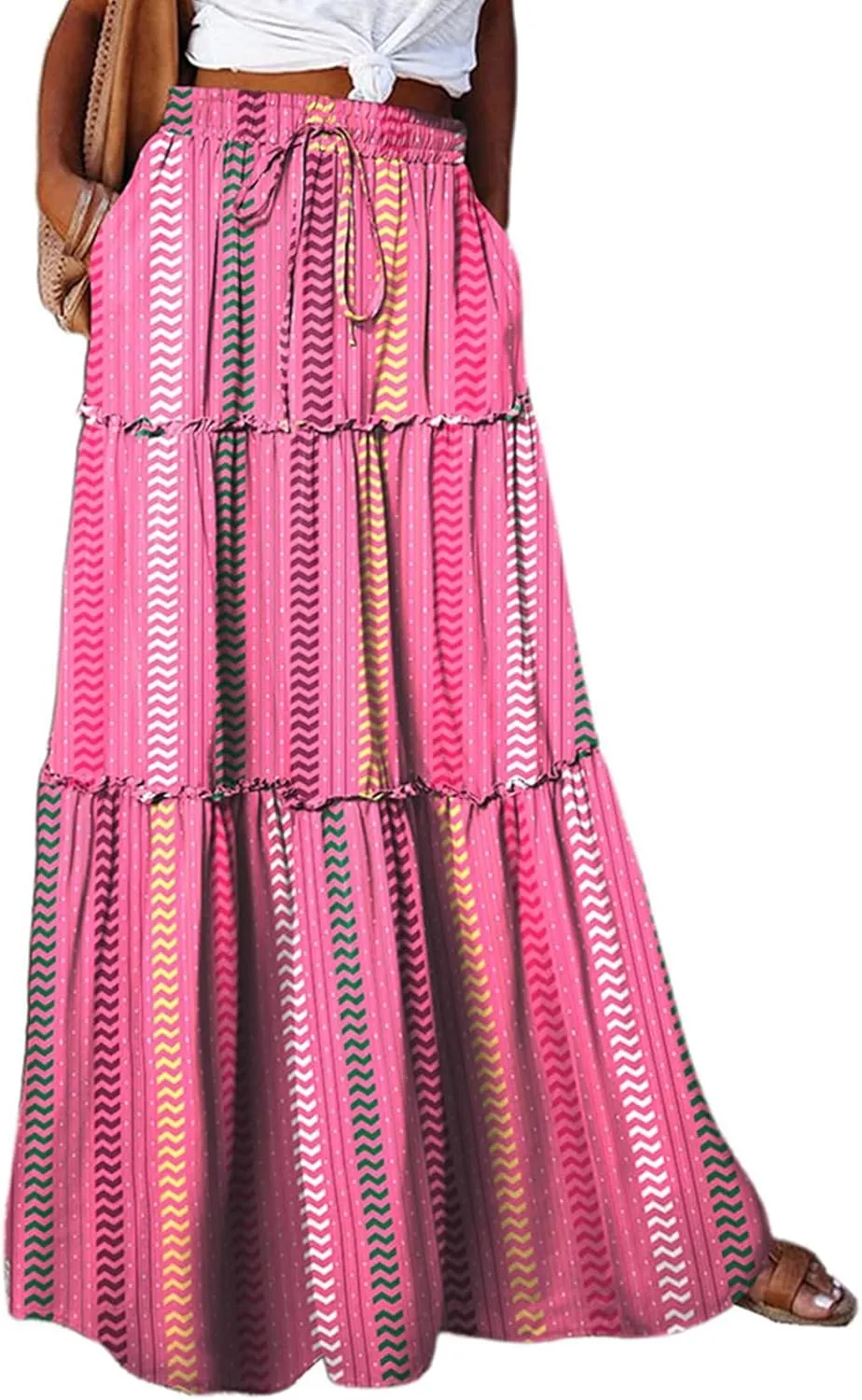 Women's Summer Casual Fashion Skirts Boho Print Elastic Waist Skirt Loose Comfortable High Waist Lace-Up Skirt
