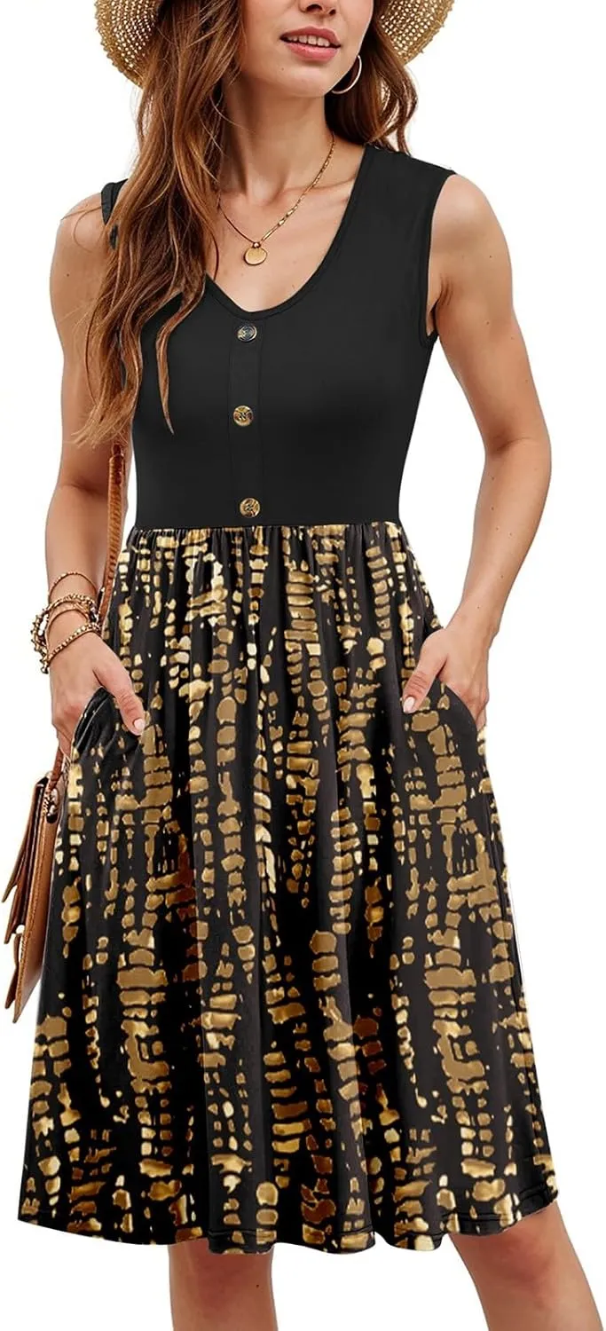 Womens Summer Dresses Casual Sleeveless Button Down Midi Sundress Flowy Knee Length Tank Dress with Pockets