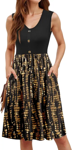 Womens Summer Dresses Casual Sleeveless Button Down Midi Sundress Flowy Knee Length Tank Dress with Pockets