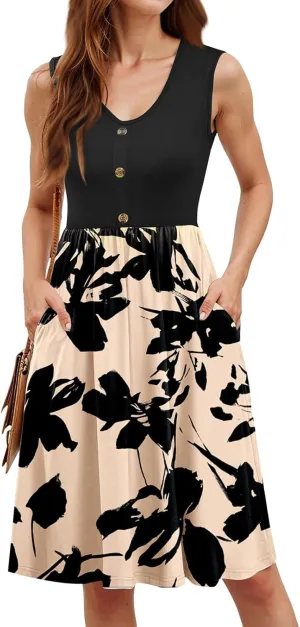 Womens Summer Dresses Casual Sleeveless Button Down Midi Sundress Flowy Knee Length Tank Dress with Pockets