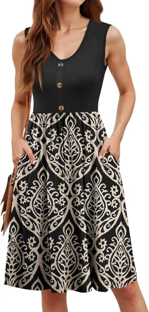Womens Summer Dresses Casual Sleeveless Button Down Midi Sundress Flowy Knee Length Tank Dress with Pockets