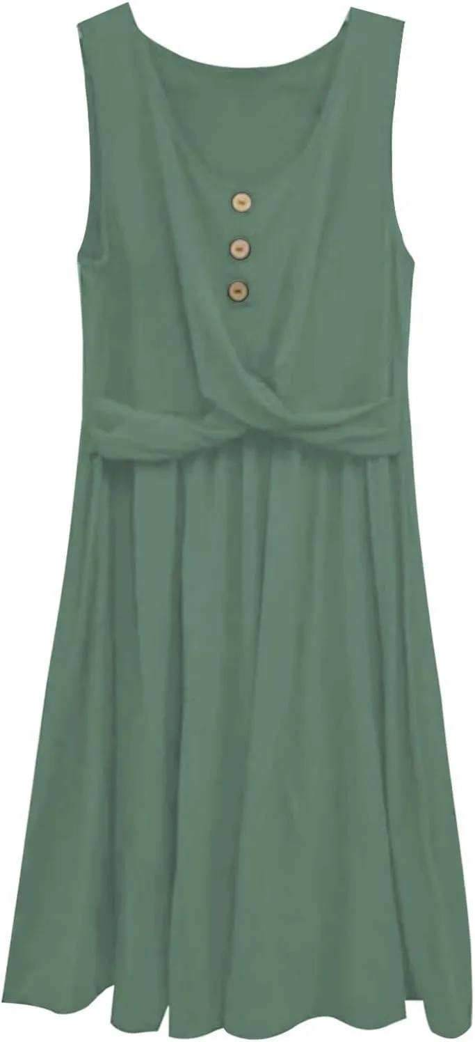 Womens Summer Dresses Women's Spring/Summer Solid Color U Neck Buttoned Sleeveless Dress