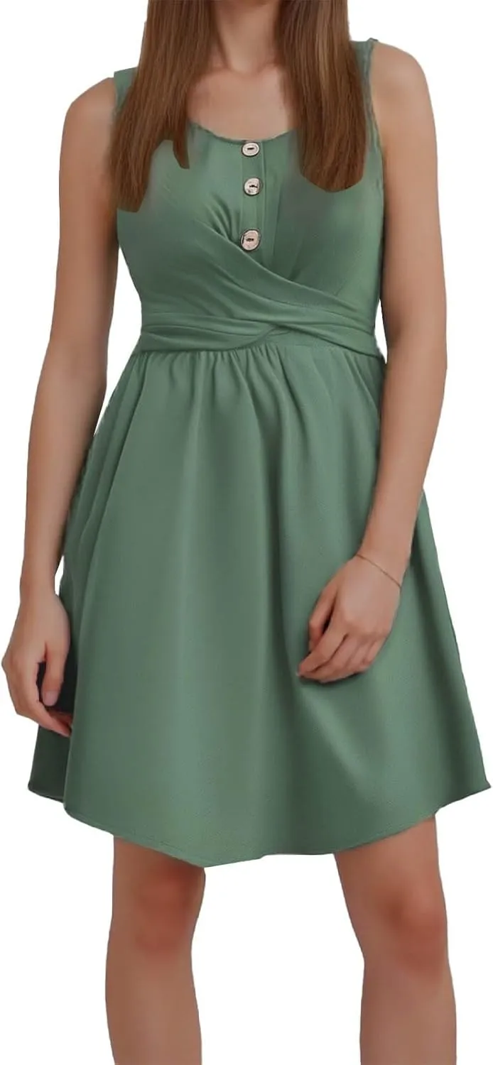 Womens Summer Dresses Women's Spring/Summer Solid Color U Neck Buttoned Sleeveless Dress