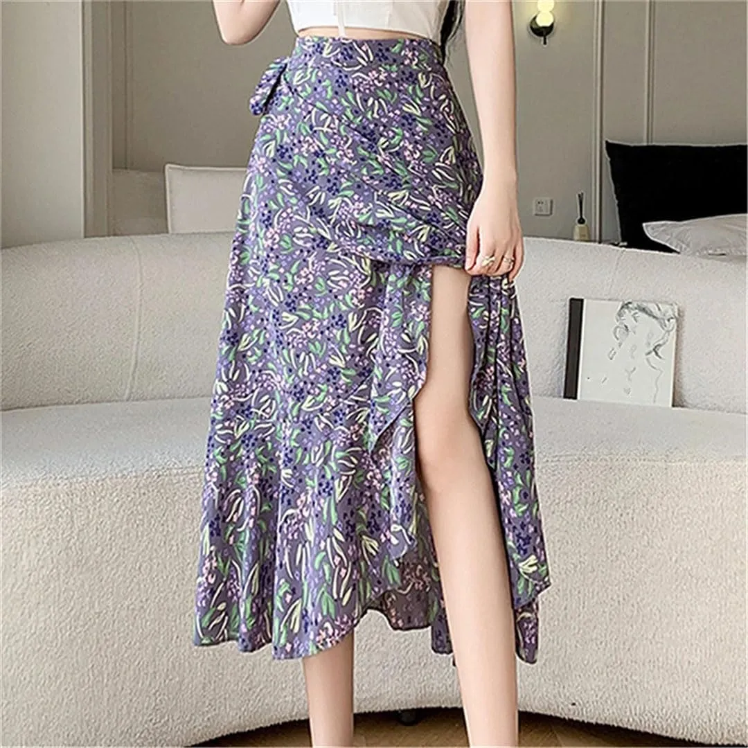 Women's Summer Floral Beach Skirt High Waist Casual Mid A-Line Skirt