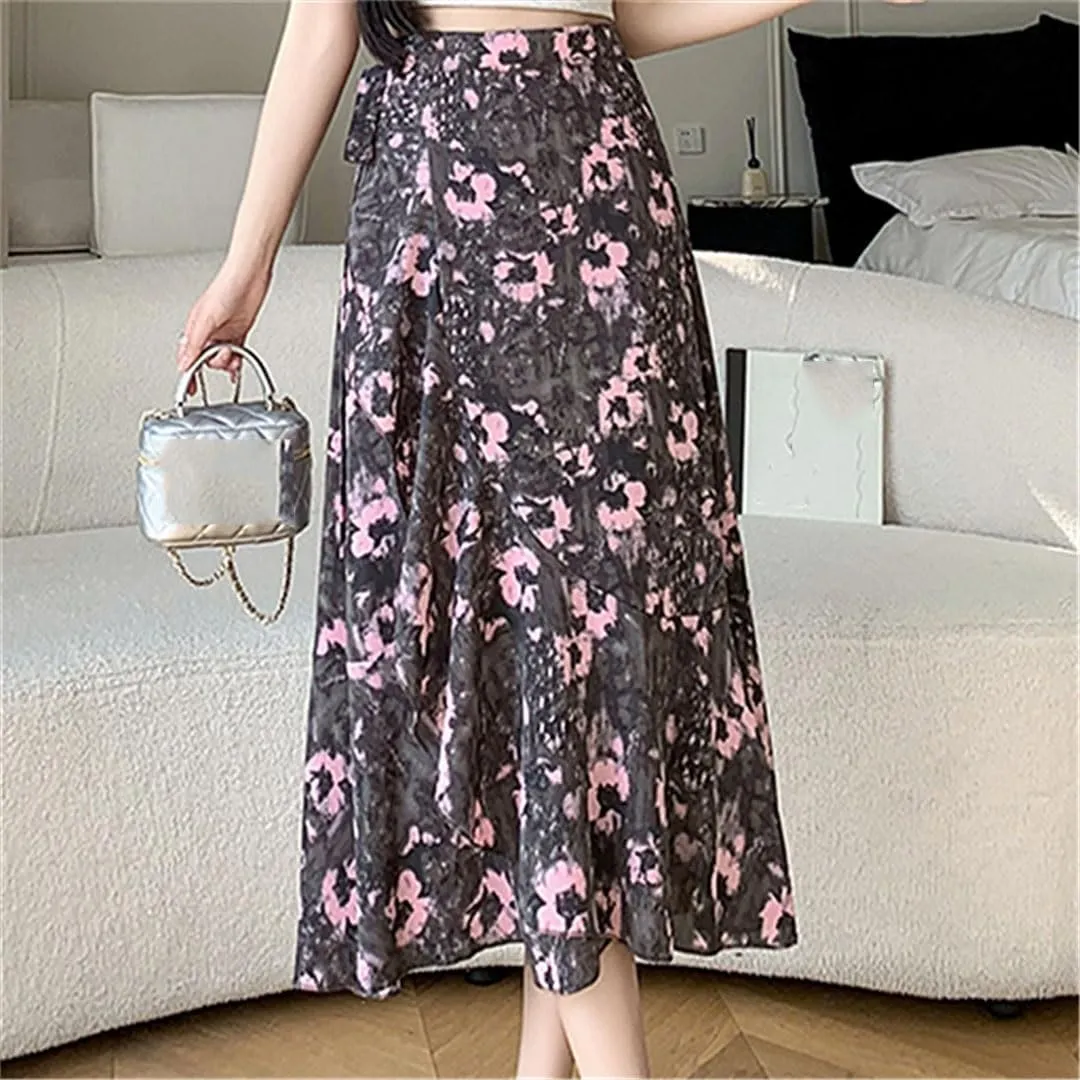 Women's Summer Floral Beach Skirt High Waist Casual Mid A-Line Skirt
