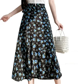 Women's Summer Floral Beach Skirt High Waist Casual Mid A-Line Skirt