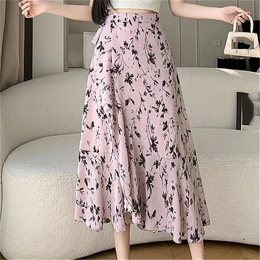 Women's Summer Floral Beach Skirt High Waist Casual Mid A-Line Skirt