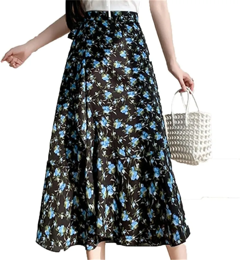 Women's Summer Floral Beach Skirt High Waist Casual Mid A-Line Skirt