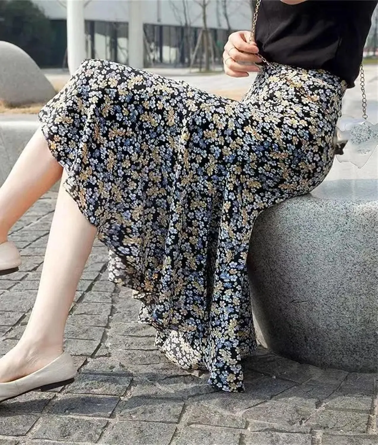 Women's Summer Floral Half-Length Skirt High Waist Slim Versatile A-Line Skirt